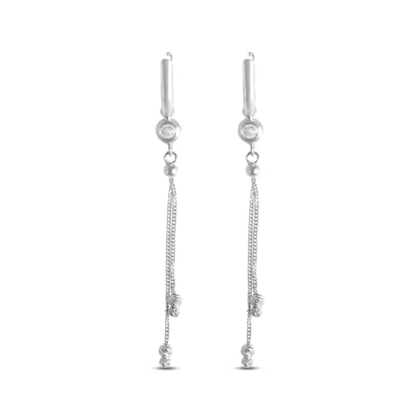 Cercei de aur alb 14k cu fir si bilute si piatra Zirconia Cercei Pearl Stream White Glow