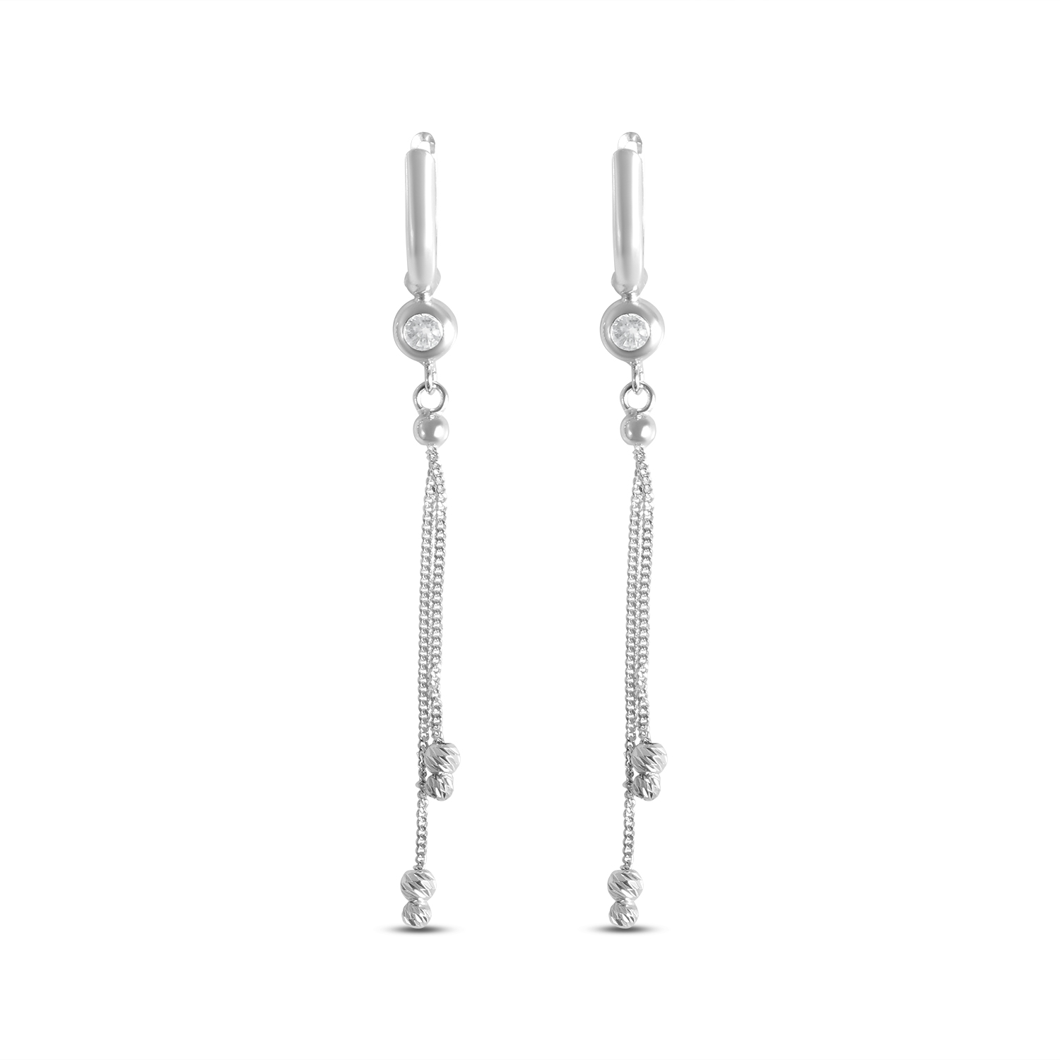 Cercei de aur alb 14k cu fir si bilute si piatra Zirconia Cercei Pearl Stream White Glow
