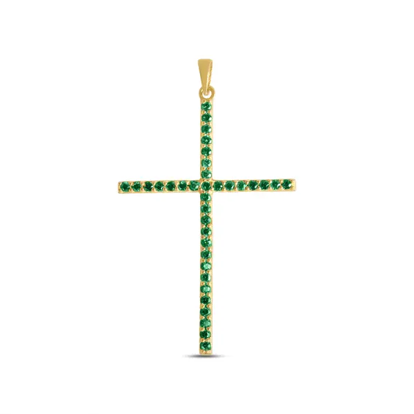 Pandantiv aur 14K cruce cu pietre Zirconia verzi Emerald Crossline