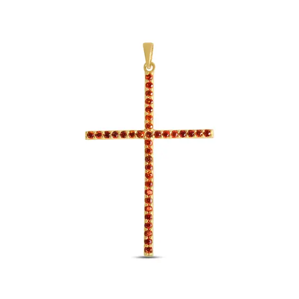 Pandantiv aur 14K cruce cu pietre Zirconia portocalii Sunset Cross