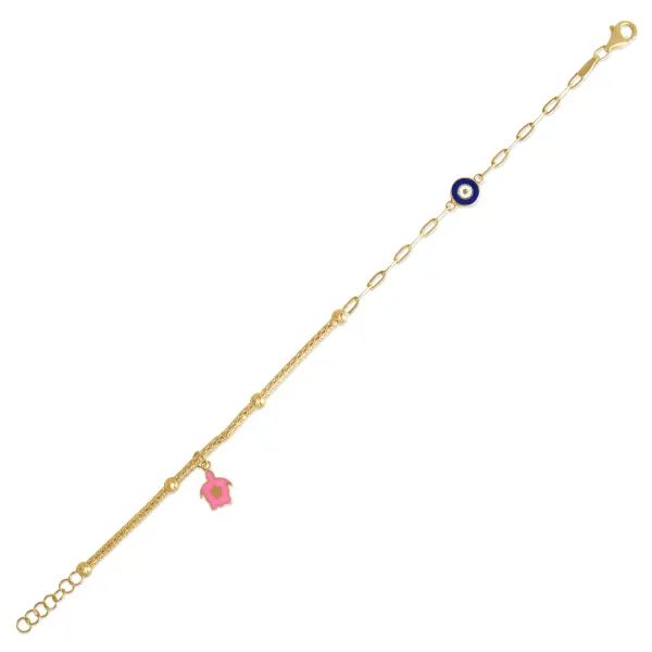 Bratara aur 14K cu ochi de deochi si broasca testoasa roz Lucky Charm