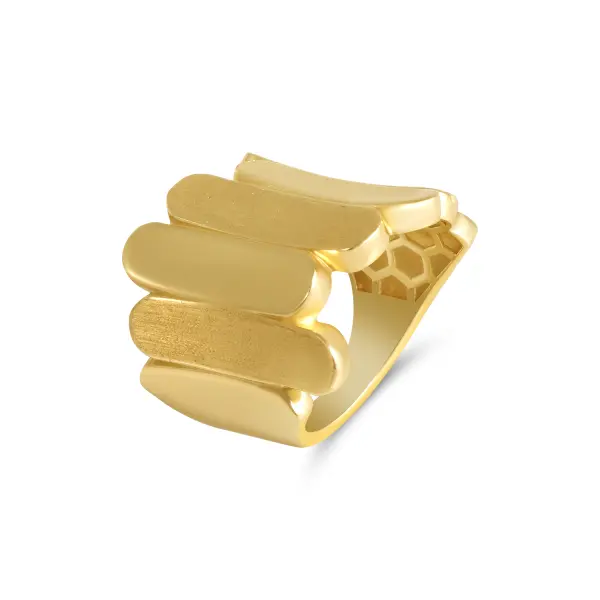 Inel aur 14K cu design asimetric si volume suprapuse Golden Asymmetry