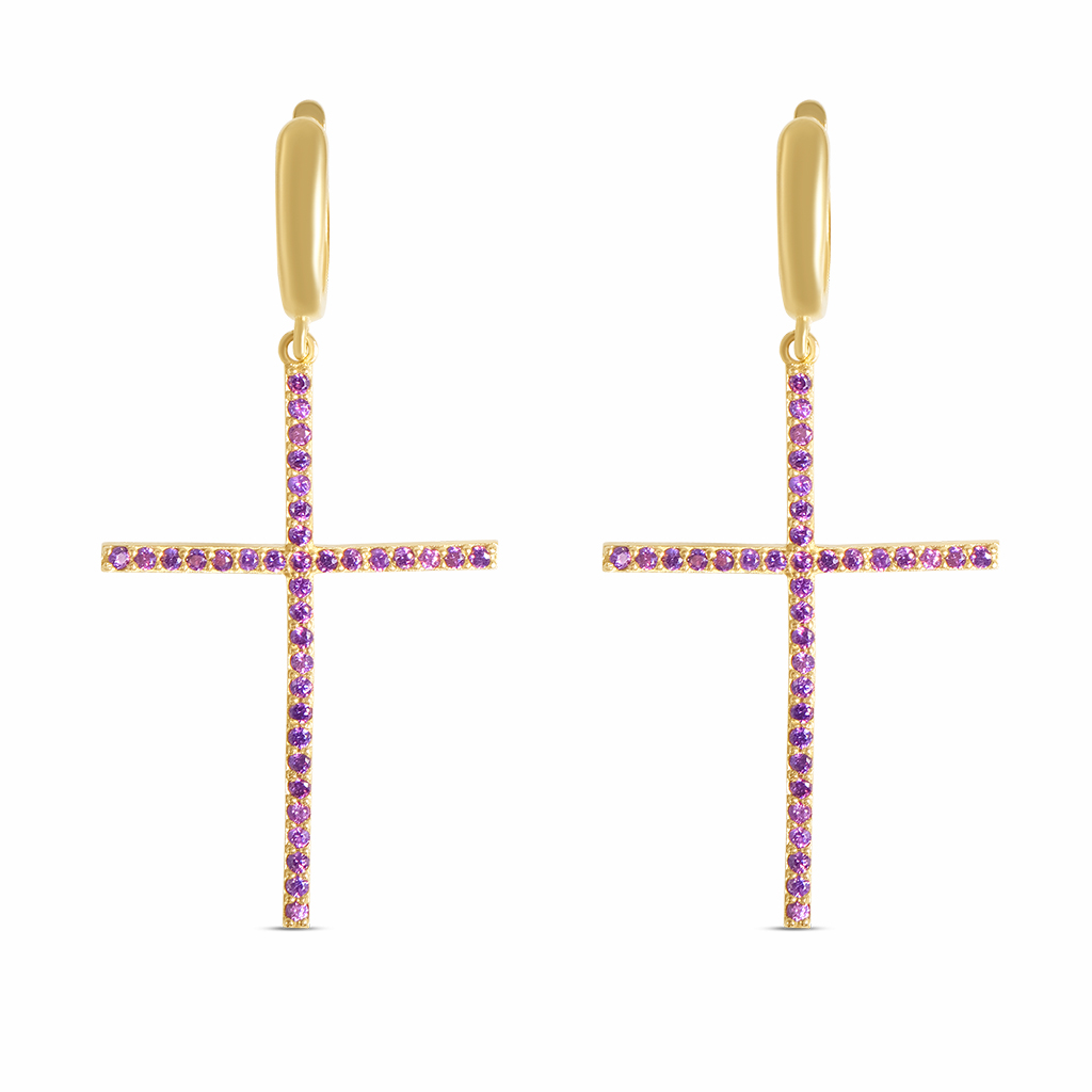 Cercei aur 14K in forma de cruce cu pietre Zirconia mov Violet Cross