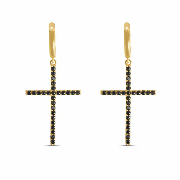 Cercei aur 14K in forma de cruce cu pietre Zirconia negre Midnight Cross