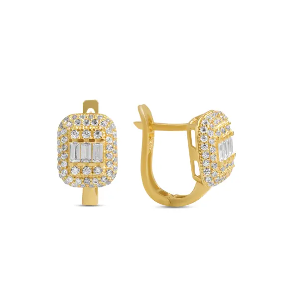 Cercei aur 14K scurti cu pietre Zirconia rotunde si dreptunghiulare Elegant Glow