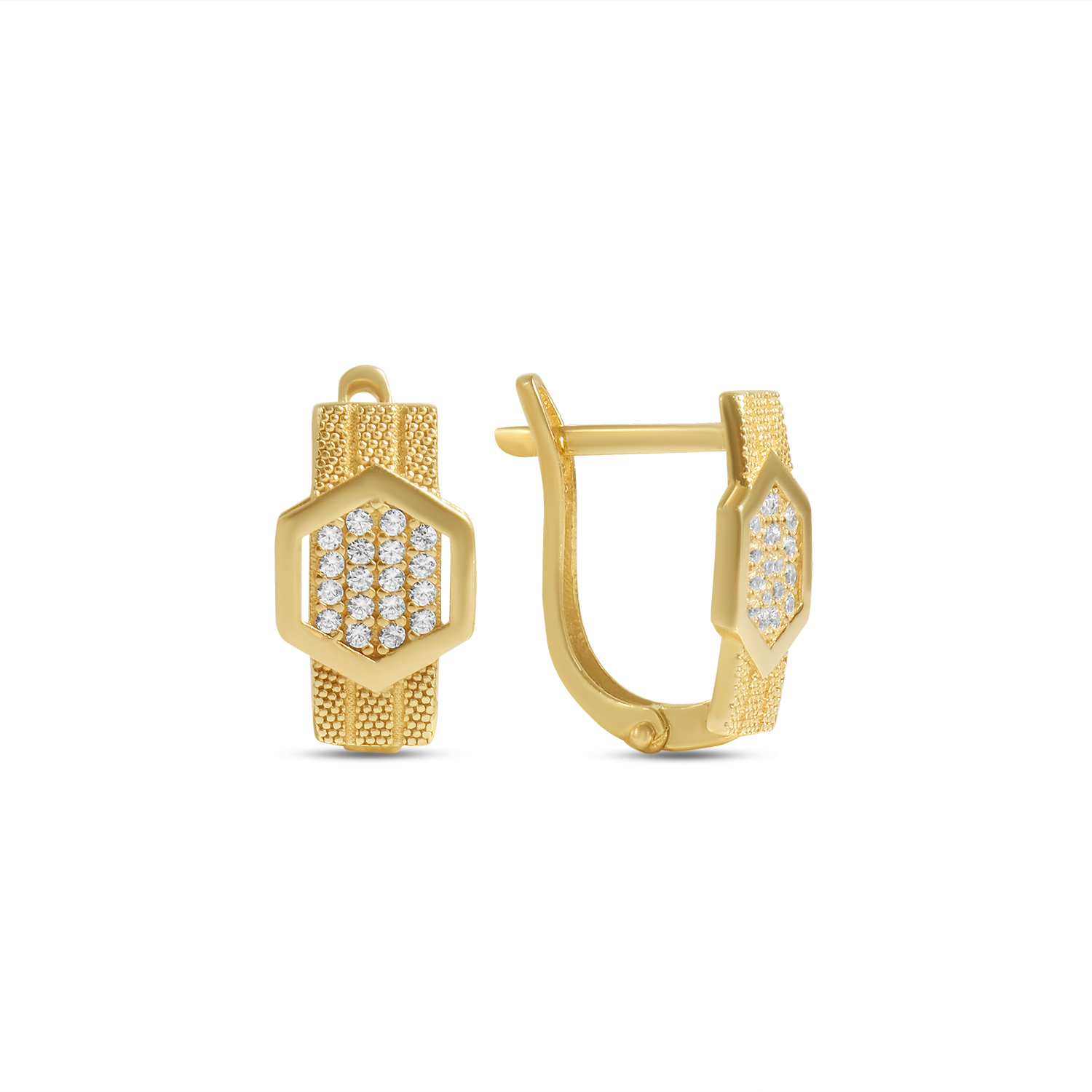 Cercei aur 14K cu hexagon si pietre Zirconia Golden Hexa Glow