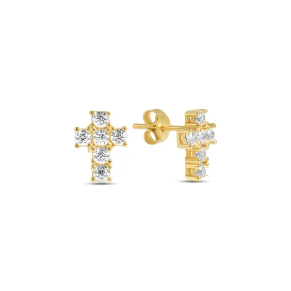 Cercei aur 14K scurti in forma de cruce cu pietre Zirconia Divine Spark