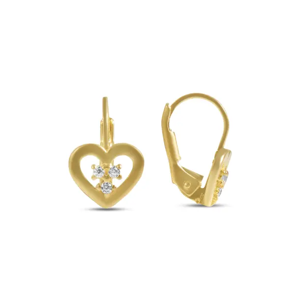Cercei aur 14K in forma de inima cu trei pietre Zirconia Sweet Hearts