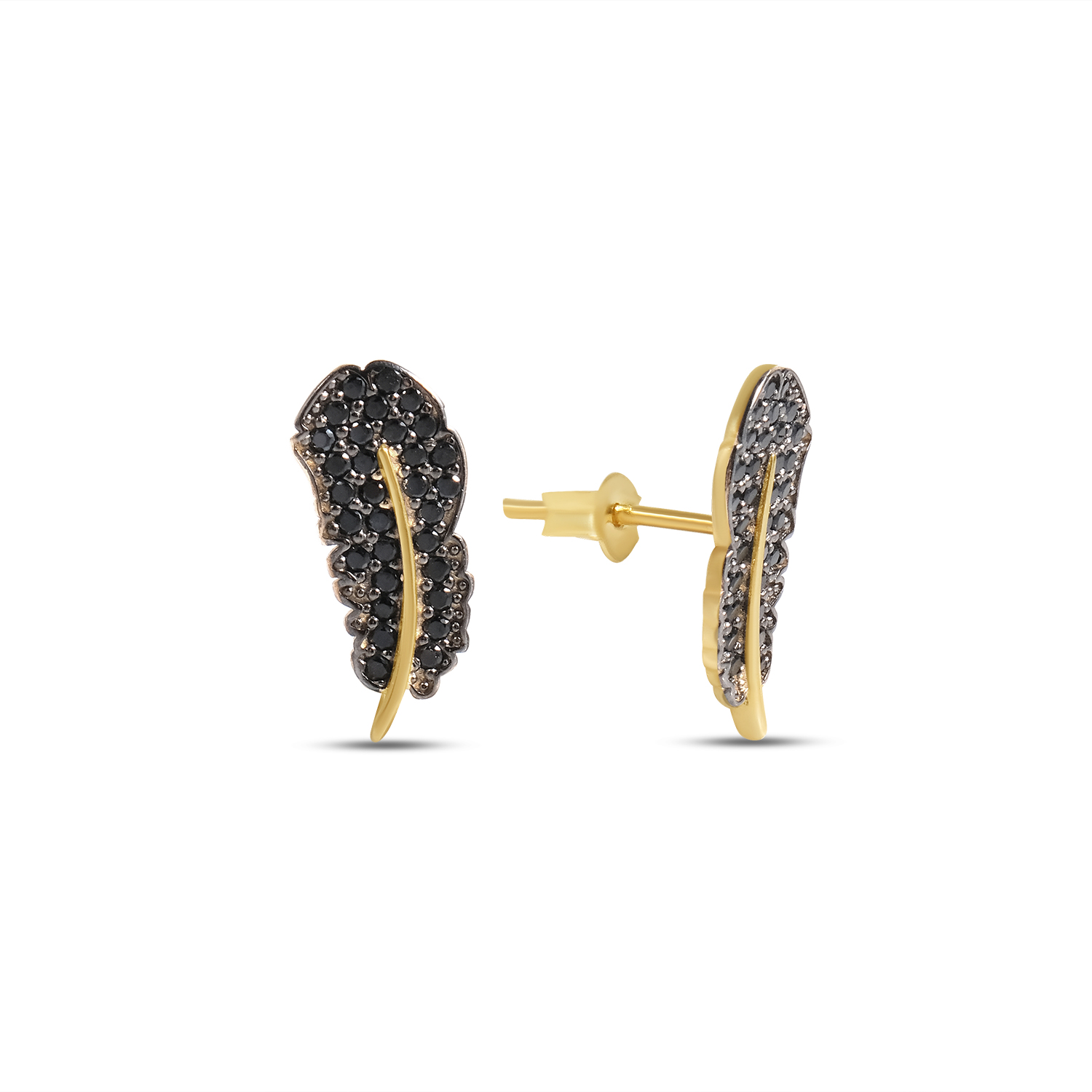 Cercei aur 14K scurti in forma de pana cu Zirconia negre Midnight Feather
