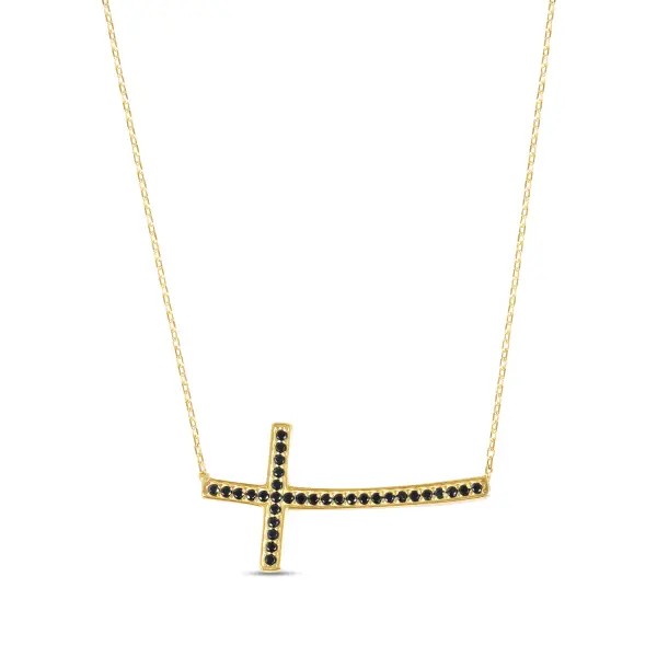 Colier aur 14k cu pandantiv cruce si pietre Zirconia negre Midnight Faith