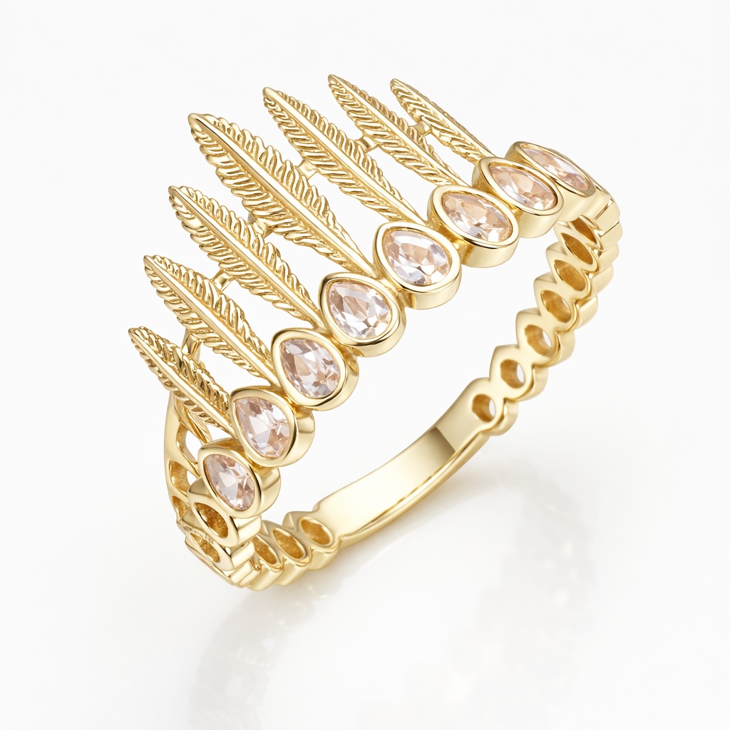 Inel aur 14K cu model pene si pietre Zirconia in forma de picatura Feather Glow Crown