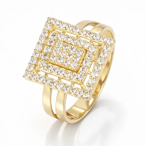 Inel aur 14K cu design dreptunghiular suprapus si pietre Zirconia Urban Frame
