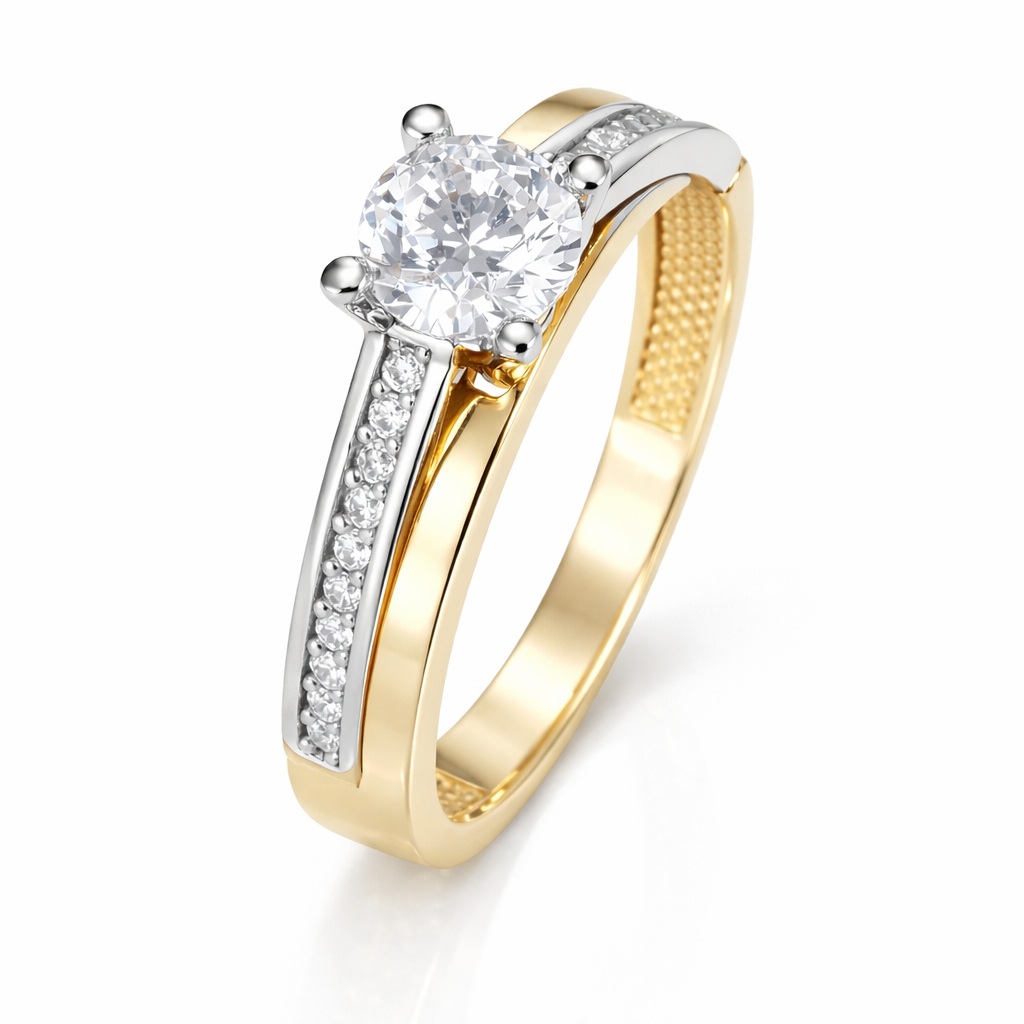 Inel aur 14K cu pietre Zirconia pavate si piatra Zirconia centrala Royal Glow