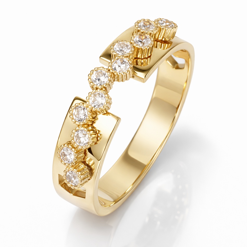 Inel aur 14K cu design intrerupt si puncte de pietre Zirconia Starlight Rhythm