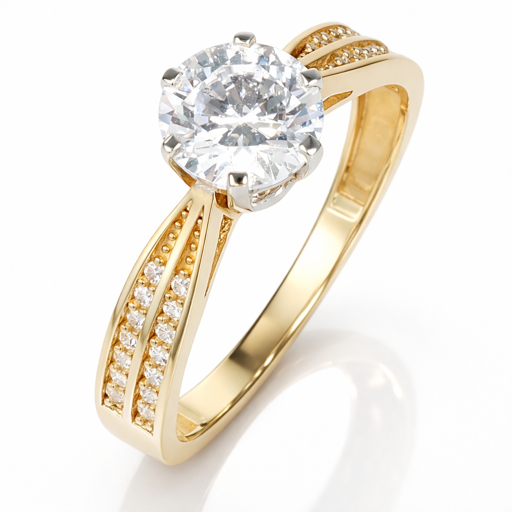Inel aur 14K cu doua randuri de pietre Zirconia pavate si piatra Zirconia centrala Crown Lumina