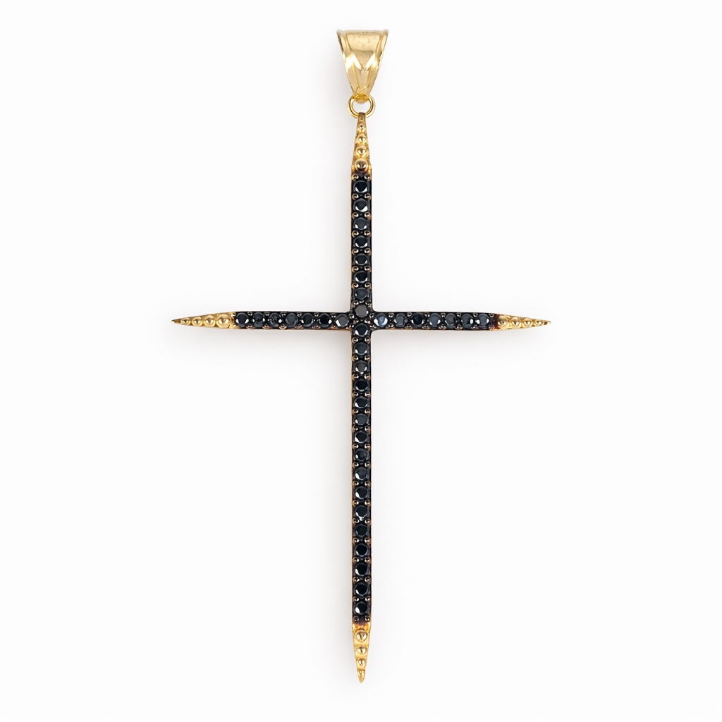 Pandantiv aur 14K in forma de cruce cu margini ascutite si pietre Zirconia negre Midnight Edge