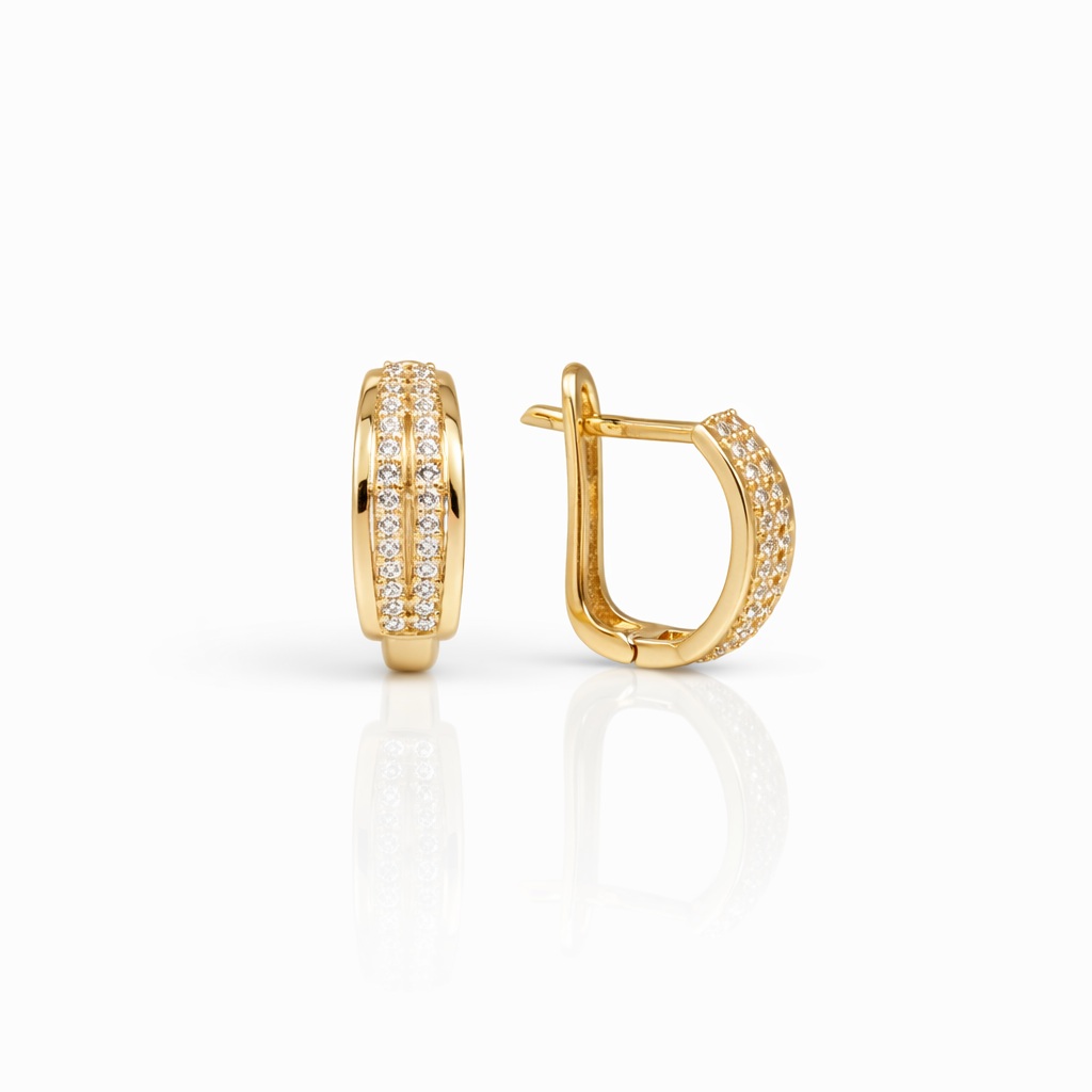 Cercei aur 14K curbati cu doua linii de pietre Zirconia Double Curve Shine
