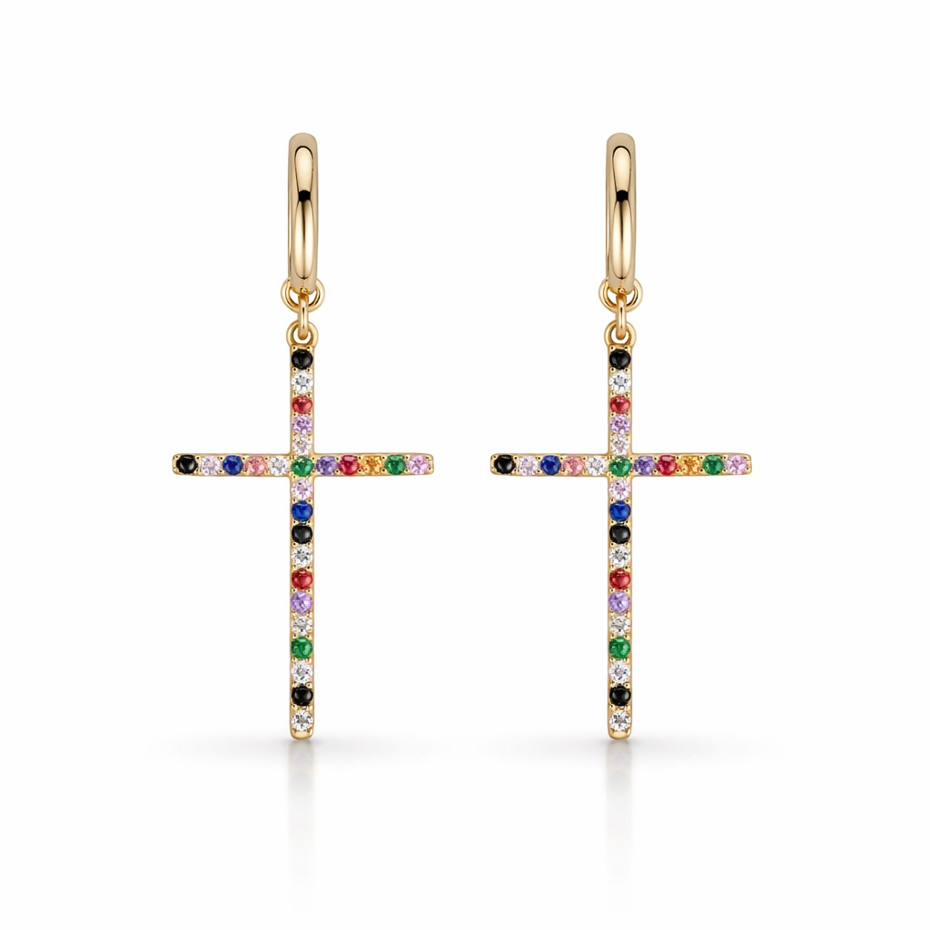 Cercei aur 14K in forma de cruce cu pietre Zirconia multicolore Rainbow Cross Glow