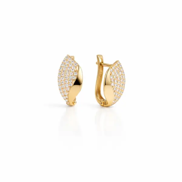 Cercei aur 14K design frunza cu finisaj lucios si pietre Zirconia Golden Leaf Radiance