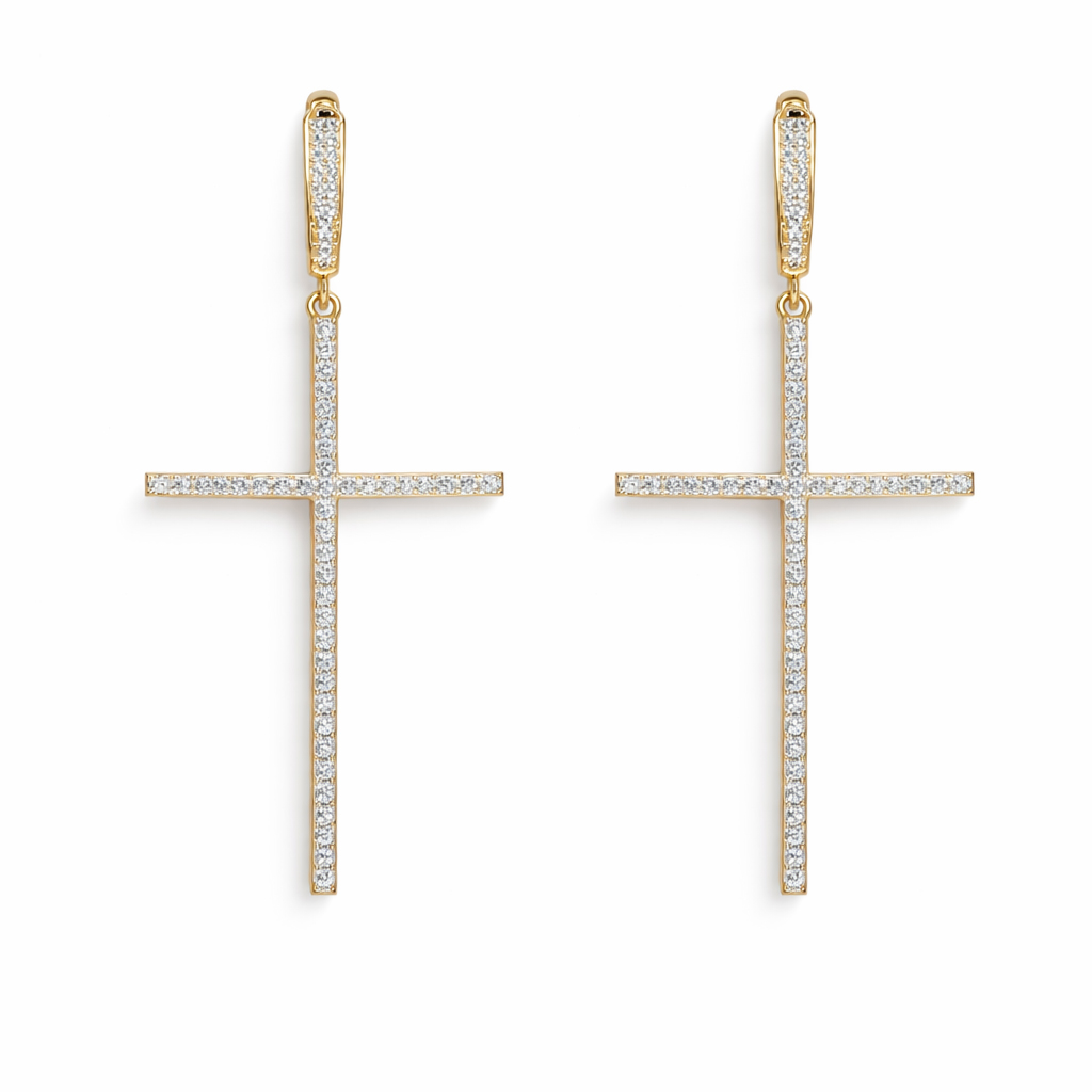 Cercei aur 14K in forma de cruce cu pietre Zirconia albe White Cross Radiance