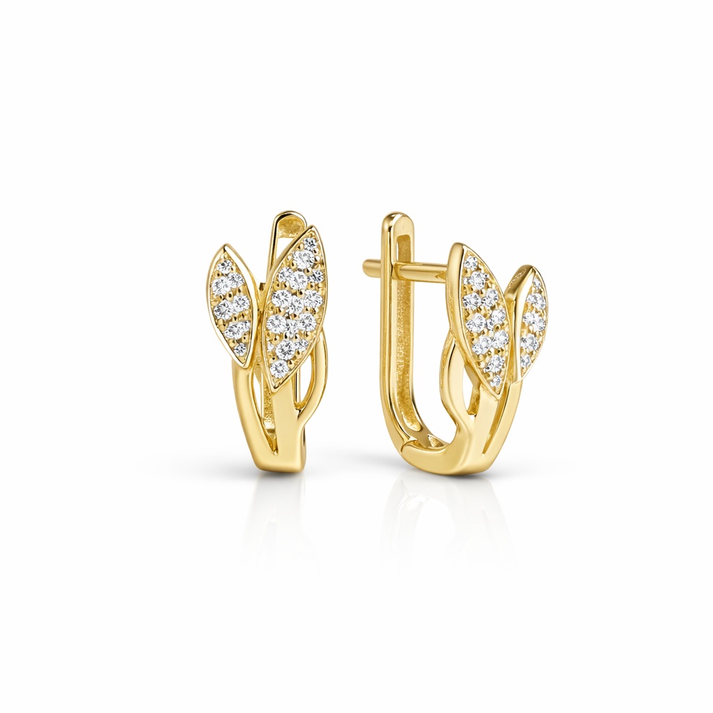 Cercei aur 14K model frunze cu pietre Zirconia Leaf Shine Glow