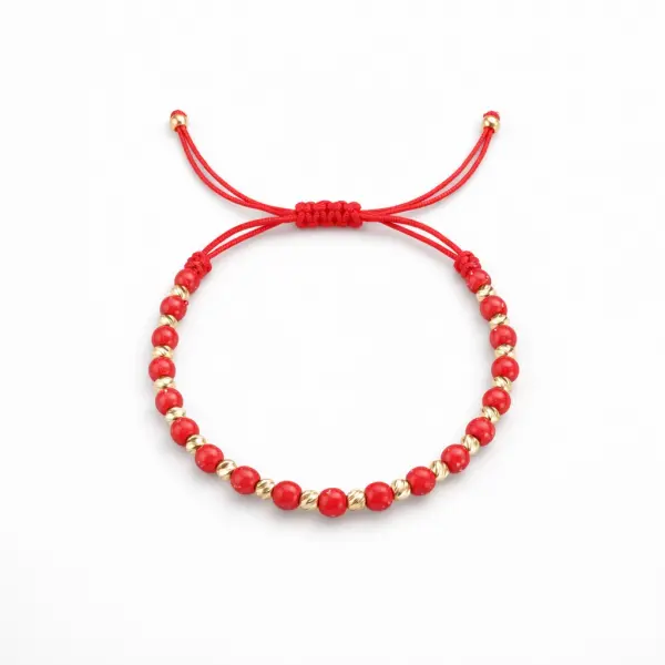 Bratara aur 14k cu snur rosu, bile rosii patate si bile din aur texturate Scarlet Gold Harmony