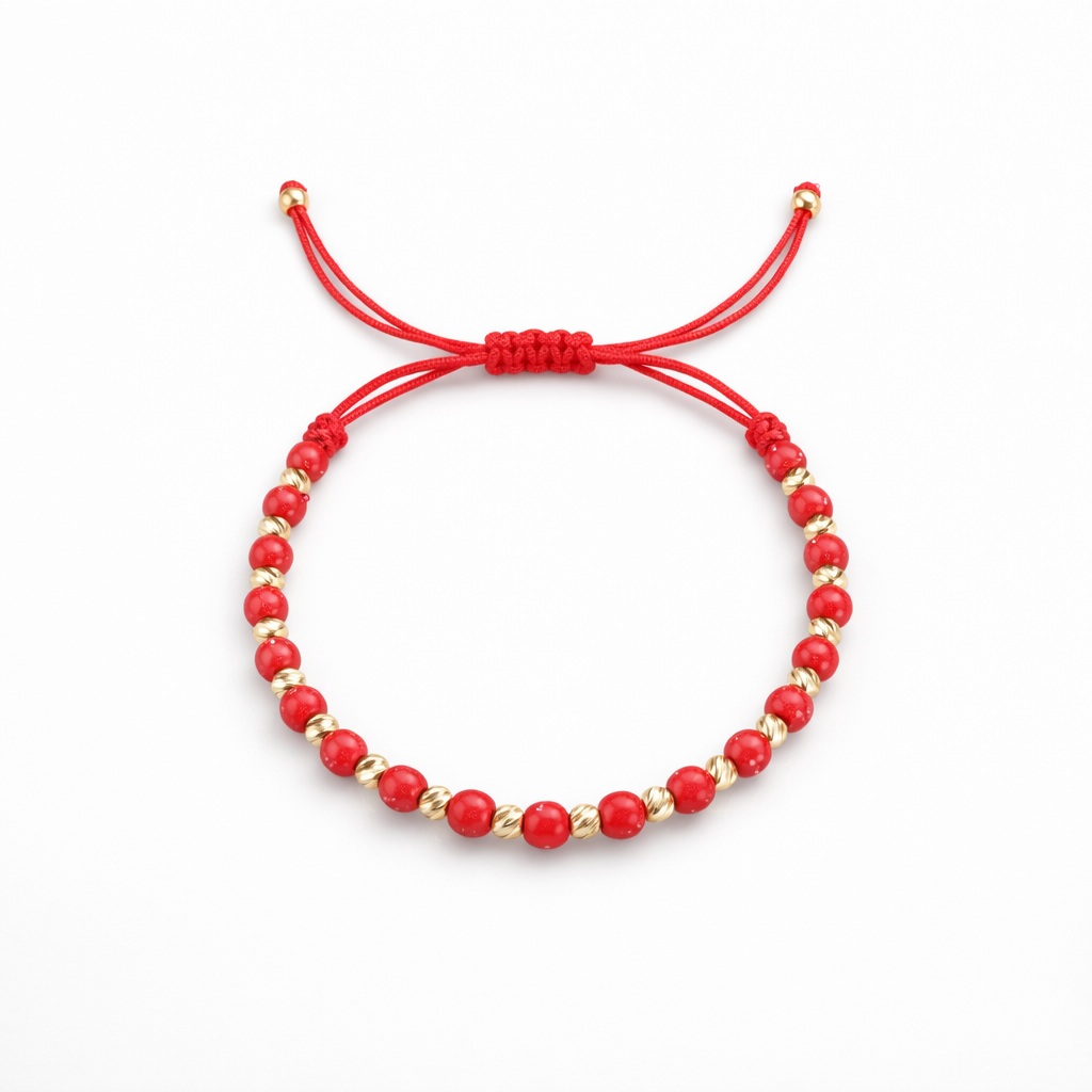 Bratara aur 14k cu snur rosu, bile rosii patate si bile din aur texturate Scarlet Gold Harmony