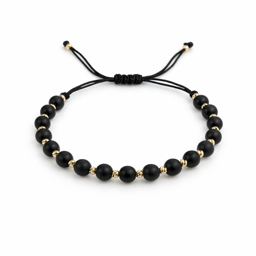 Bratara aur 14k cu snur, bile negre si bile din aur texturate Black Gold Balance