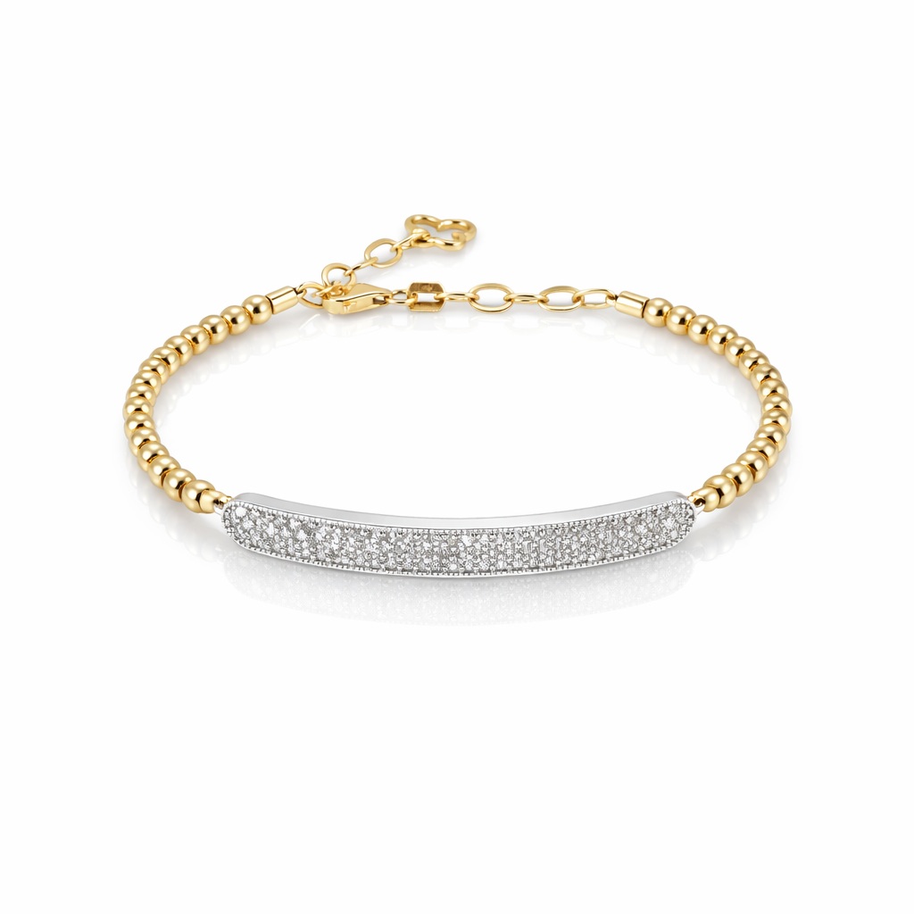 Bratara aur 14K cu placuta cu pietre Zirconia si bile fixe Radiant Bar Elegance