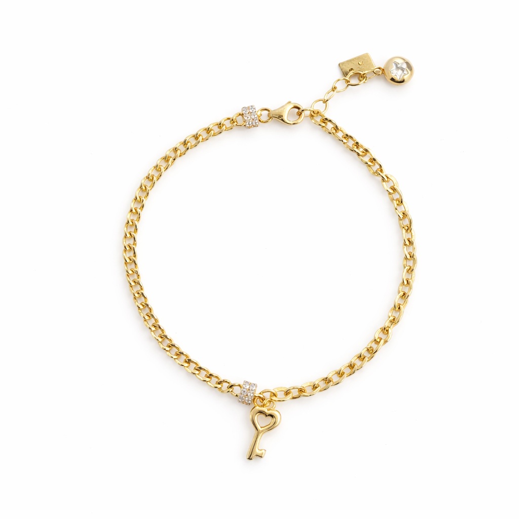 Bratara aur 14K 2 randuri cu zale diferite si pandantiv cheie cu inima si pietre Zirconia Secret Heart Key