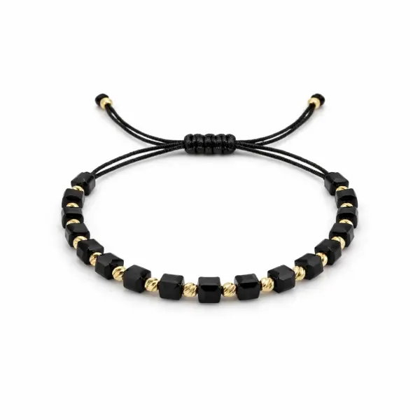 Bratara aur 14k cu snur, bile texturate din aur si cuburi negre Midnight Cube Rhythm