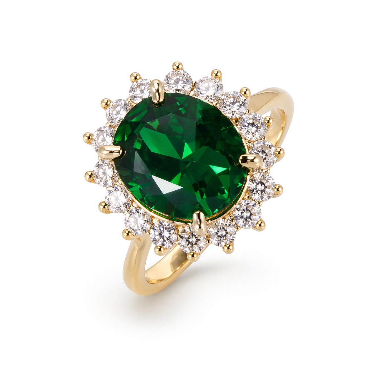 Inel aur 14K cu piatra centrala ovala Zirconia verde si pietre Zirconia albe Emerald Aura