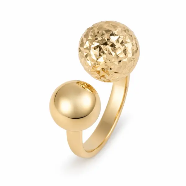 Inel aur 14K design intrerupt cu bila texturata si bila neteda Dual Sphere