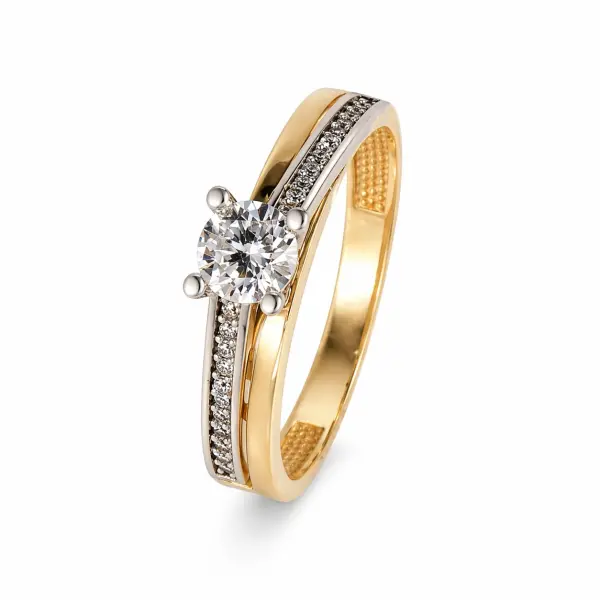 Inel aur 14K cu pietre Zirconia pavate si piatra Zirconia centrala Celeste Duo