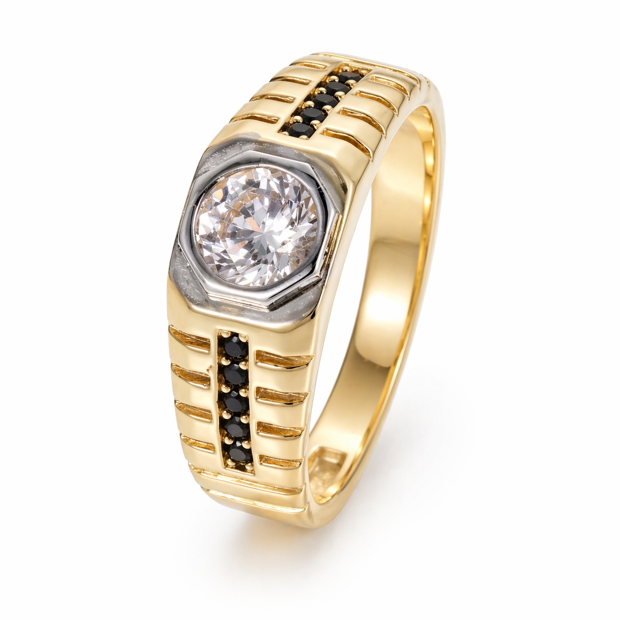 Inel aur 14K cu pietre Zirconia negre si piatra centrala Zirconia alba Royal Contrast