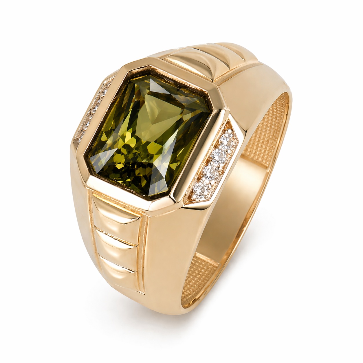 Inel aur 14K cu pietre Zirconia albe si piatra dreptunghiulara verde pamantiu Imperial Verde