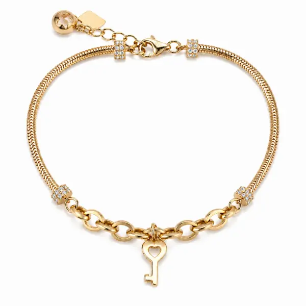 Bratara aur 14K cu zale plate si zale rotunde si pandantiv cheie cu Zirconia Key of Grace