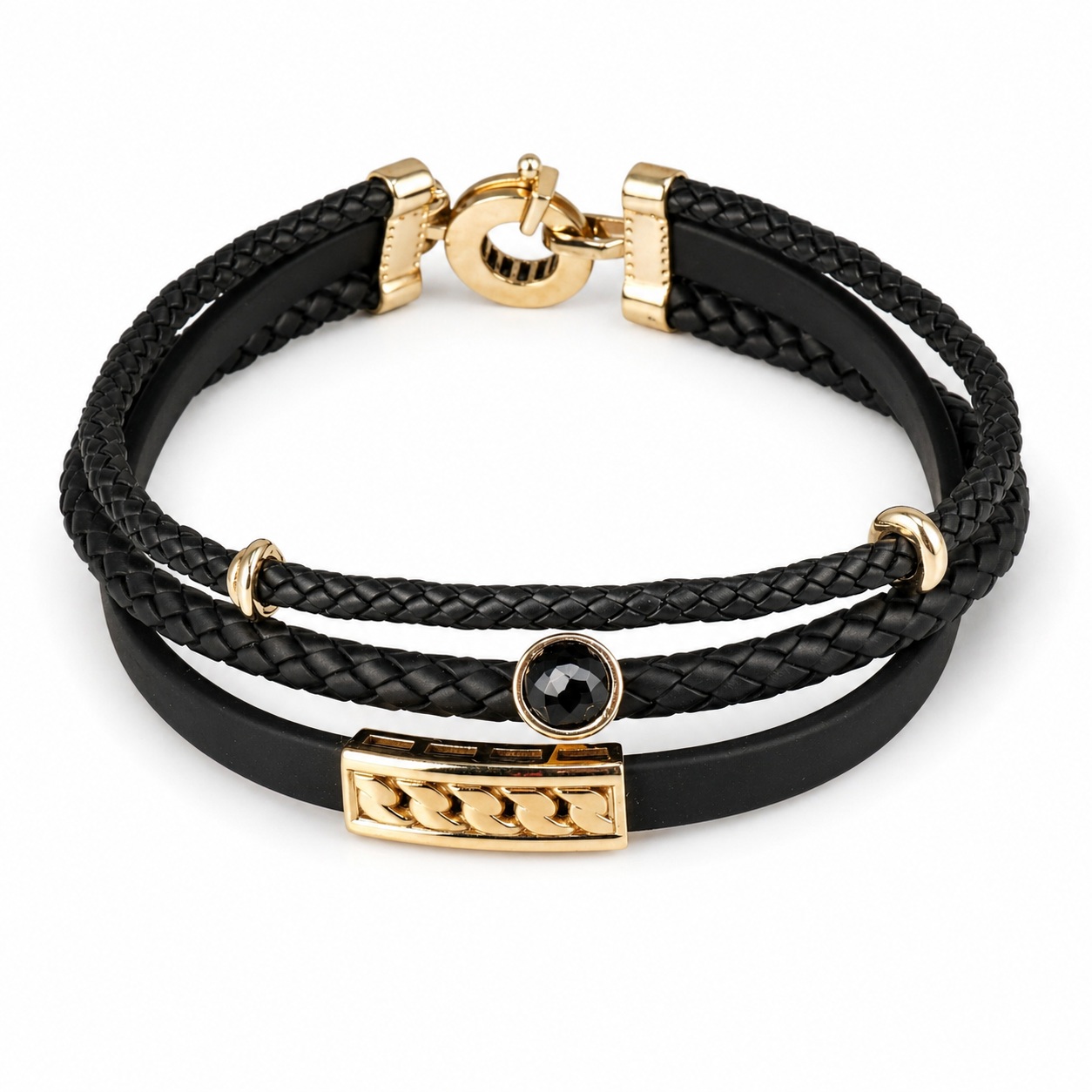 Bratara aur 14K cu silicon negru impletit, sfoara si elemente aurii cu piatra Zirconia neagra Eclipse Trinity