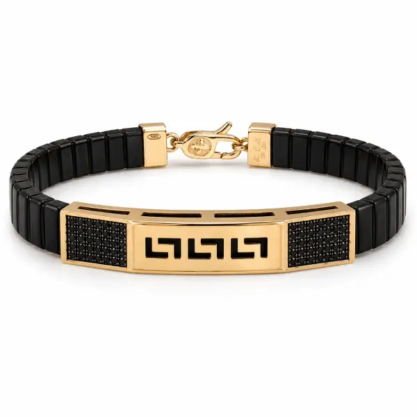 Bratara aur 14K cu silicon negru si placuta perforata cu pietre Zirconia negre Obsidian Code