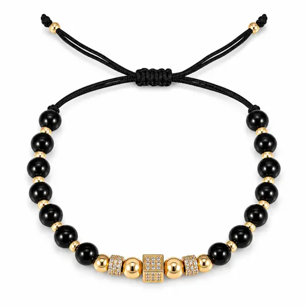 Bratara aur 14k cu snur, bile negre si cub cu pietre Zirconia Noir Cube