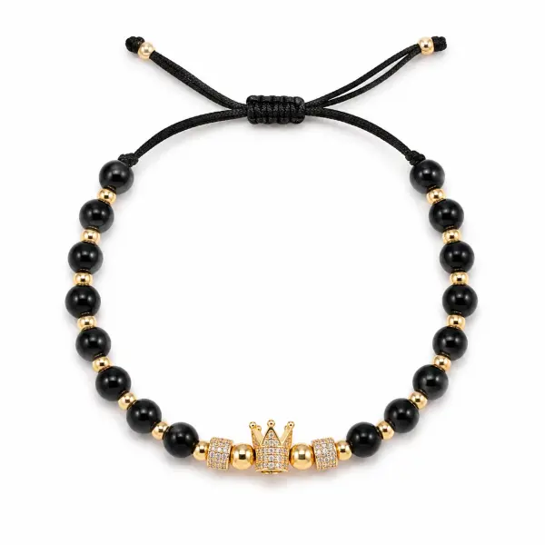 Bratara aur 14k cu snur, bile negre, coroana si pietre Zirconia Royal Noir