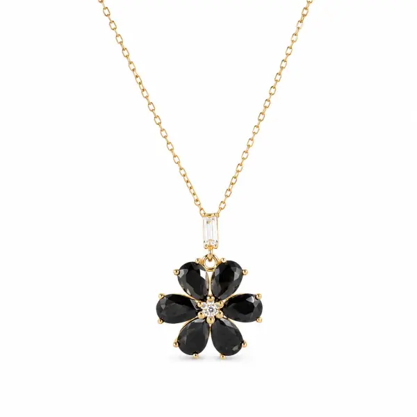 Colier aur 14k cu pandantiv floare, pietre Zirconia negre si albe Midnight Bloom