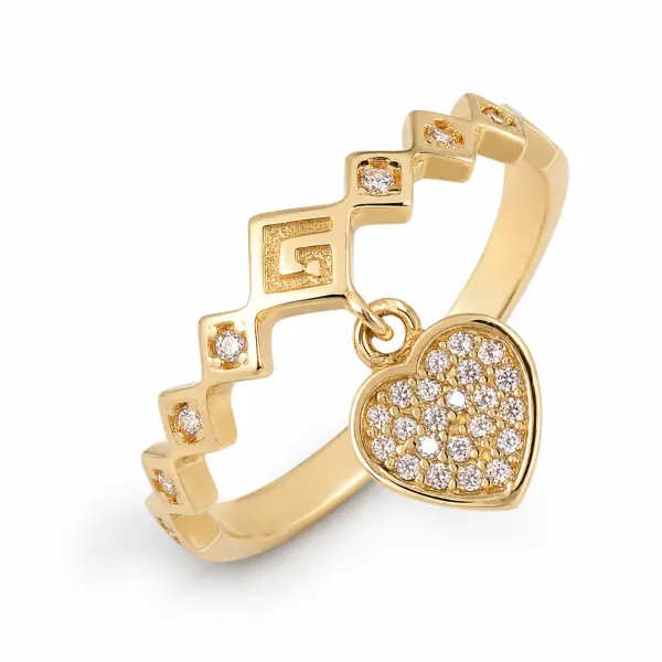 Inel aur 14K cu romburi si pandantiv in forma de inima cu pietre Zirconia Heart Geometry