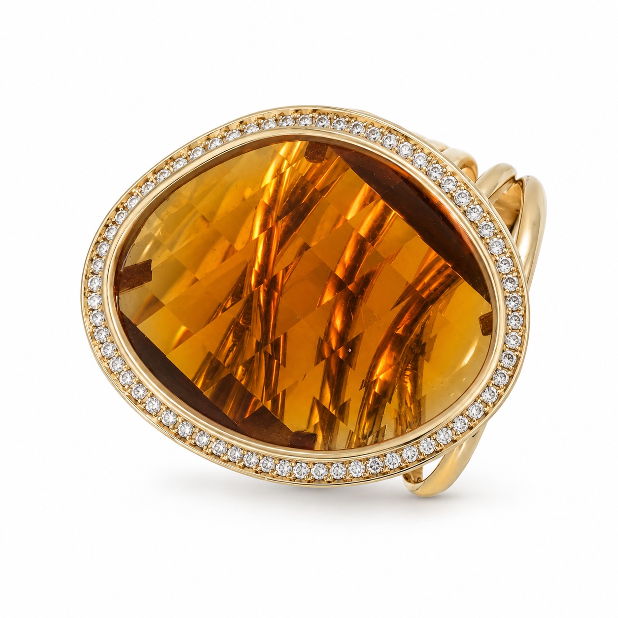 Inel aur 14K cu design abstract, piatra Zirconia portocalie rasucita si halo de Zirconia albe Amber Halo