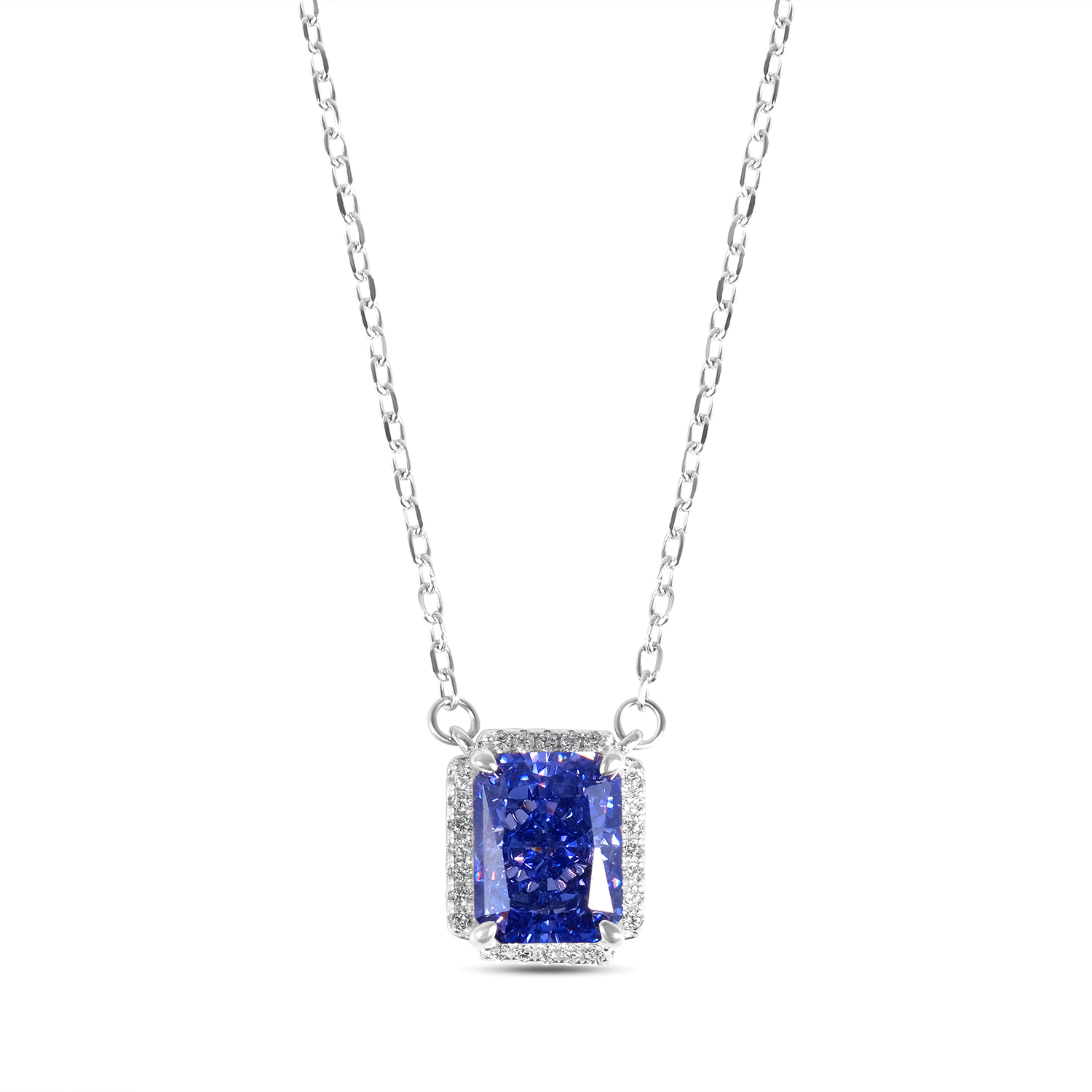 Colier de argint cu piatra mare Zirconia albastra si rama pavata Midnight Blue Radiance