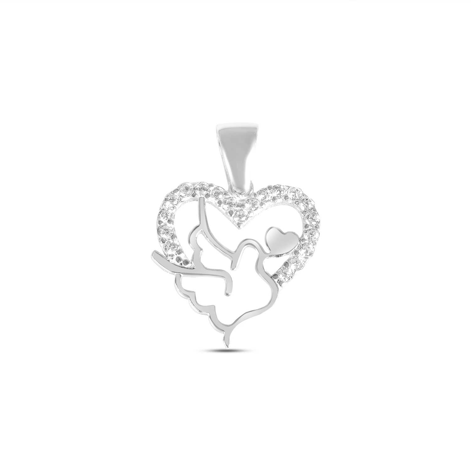 Pandantiv argint in forma de inima cu porumbel si pietre zirconia Pure Love