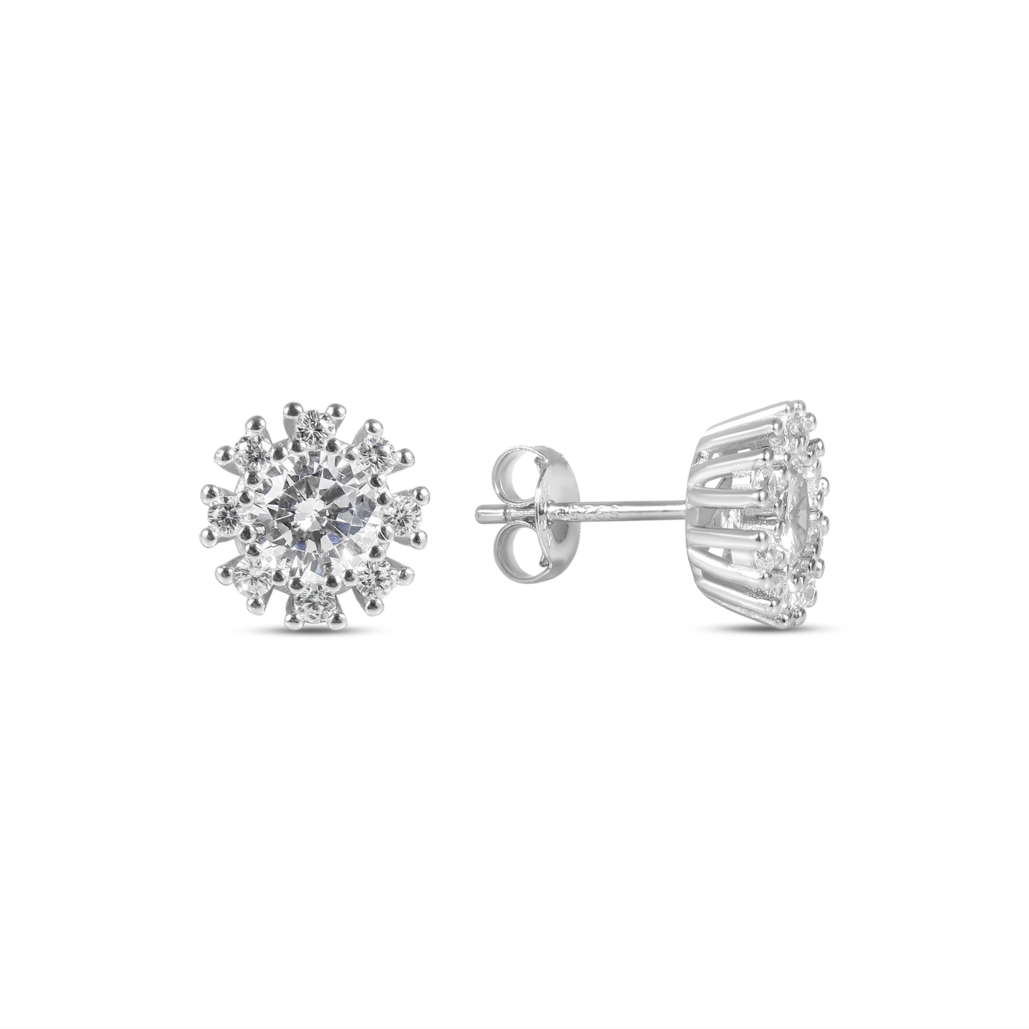 Cercei argint cu Zirconia rotunda centrala si pietre Zirconia laterale Radiant Halo Glow