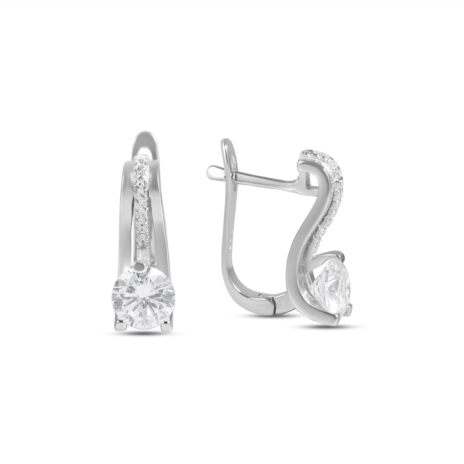 Cercei argint curbati cu pietre Zirconia si piatra rotunda centrala Crystal Curve