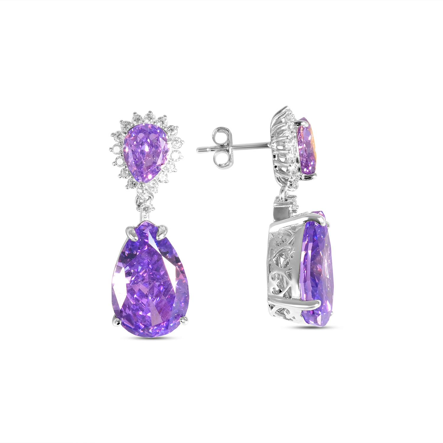 Cercei argint in forma de picatura cu pietre Zirconia mov si albe Purple Grace