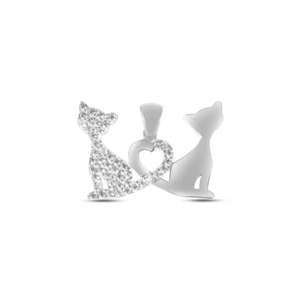 Pandantiv argint in forma de pisici cu inima si pietre Zirconia Loving Cats